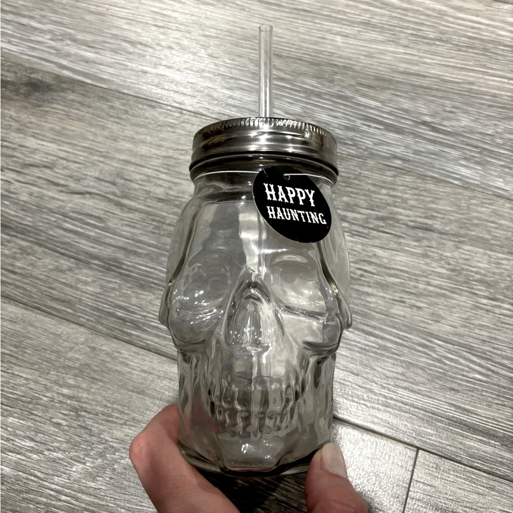 Glass Mason Jar Skull glasses with lid & straw. New with “Happy Haunting” tags.